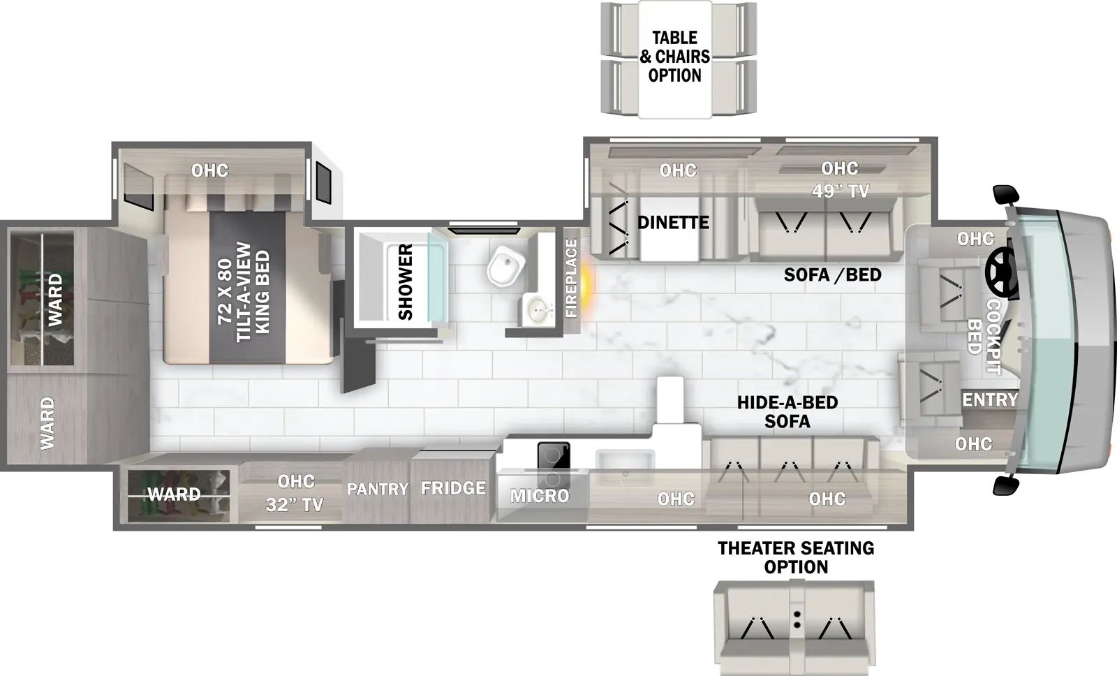 The 37B has three slideouts and one entry. Interior layout front to back: front cab with cockpit bed, overhead cabinets and entry; off-door side slideout with sofa/bed, overhead cabinet, TV, and dinette (optional table and chairs) with overhead cabinet; full door side slideout with hide-a-bed sofa (optional theater seating), kitchen counter with pullout countertop, sink, overhead cabinet, microwave, cooktop, refrigerator, pantry, overhead cabinet, TV, and wardrobe; off-door side front-facing fireplace along inner wall; off-door side full bathroom; off-door side slideout with tilt-a-view king bed and overhead cabinet; rear wardrobes. 